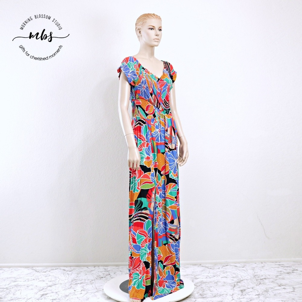NWT Aakaa Tropical Print Smocked Bohemian Slit Maxi Dress Multicolor Women L